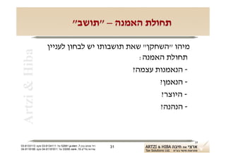 ‫תחולת האמנה – "תושב"‬

                     ‫מיהו "השחקן" שאת תושבותו יש לבחון לעניין‬
 ‫‪Artzi & Hiba‬‬

                                                ‫תחולת האמנה:‬
                                              ‫- הנאמנות עצמה?‬
                                                     ‫- הנאמן?‬
                                                     ‫- היוצר?‬
                                                     ‫- הנהנה?‬


                                                                    ‫13‬
‫רח' מנחם בגין 7, רמת-גן 18625 טל: 1114316-30 פקס: 3113316-30‬   ‫13‬
‫שדרות פלי"ם 61, חיפה 59033 טל: 11818119-40 פקס: 8818119-40‬
 