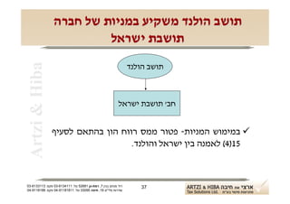 ‫תושב הולנד משקיע במניות של חברה‬
 ‫‪Artzi & Hiba‬‬            ‫תושבת ישראל‬
                                                               ‫תושב הולנד‬



                                                         ‫חב' תושבת ישראל‬


                ‫‪ ‬במימוש המניות- פטור ממס רווח הון בהתאם לסעיף‬
                                   ‫51)4( לאמנה בין ישראל והולנד.‬



‫רח' מנחם בגין 7, רמת-גן 18625 טל: 1114316-30 פקס: 3113316-30‬      ‫73‬
‫שדרות פלי"ם 61, חיפה 59033 טל: 11818119-40 פקס: 8818119-40‬
 
