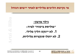 ‫אי נקיטת הליכים פליליים לאחר יישום הנוהל‬
 ‫‪Artzi & Hiba‬‬

                                          ‫גילוי מרצון-‬
                                    ‫"פוליסת ביטוח" לפיה:‬
                                   ‫1. לא יינקט הליך פלילי.‬
                                 ‫2. לא יוטלו סנקציות פליליות.‬



‫רח' מנחם בגין 7, רמת-גן 18625 טל: 1114316-30 פקס: 3113316-30‬   ‫54‬
‫שדרות פלי"ם 61, חיפה 59033 טל: 11818119-40 פקס: 8818119-40‬
 