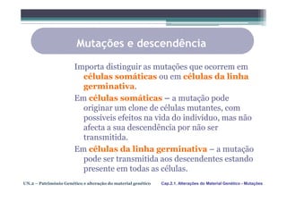 Mutações e descendência

                       Importa distinguir as mutações que ocorrem em
                         células somáticas ou em células da linha
                         germinativa.
                       Em células somáticas – a mutação pode
                         originar um clone de células mutantes, com
                         possíveis efeitos na vida do indivíduo, mas não
                         afecta a sua descendência por não ser
                         transmitida.
                       Em células da linha germinativa – a mutação
                         pode ser transmitida aos descendentes estando
                         presente em todas as células.
UN.2 – Património Genético e alteração do material genético   Cap.2.1. Alterações do Material Genético - Mutações
 