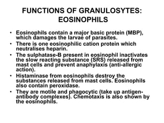 FUNCTIONS OF GRANULOSYTES :   EOSINOPHILS Eosinophils contain a major basic protein (MBP), which damages the larvae of parasites. There is one eosinophilic cation protein which neutralises heparin. The sulphatase-B present in eosinophil inactivates the slow reacting substance (SRS) released from mast cells and prevent anaphylaxis (anti-allergic action). Histaminase from eosinophils destroy the substances released from mast cells. Eosinophils also contain peroxidase. They are motile and phagocytic (take up antigen-antibody complexes). Chemotaxis is also shown by the eosinophils. 