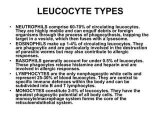 LEUCOCYTE TYPES NEUTROPHILS comprise 60-70% of circulating leucocytes. They are highly mobile and can engulf debris or foreign organisms through the process of phagocythosis ,  trapping the target in a vesicle, which then fuses with a lysosome. EOSINOPHILS make up 1-4% of circulating leucocytes. They are phagocytic and are particularly involved in the destruction of parasitic worms but may also contribute to allergic responses. BASOPHILS generally account for under 0.5% of leucocytes. These phagocytes release histamine and heparin and are involved in allergic responses. LYMPHOCYTES are the only nonphagocytic white cells and represent 25-30% of blood leucocytes. They are central to specific immune defences within the body and can be subdivided into B and T lymphocytes. MONOCYTES constitute 2-5% of leucocytes. They have the greatest phagocytic potential of all body cells.   The monocyte/macrophage system forms the core of the reticuloendothelial system. 