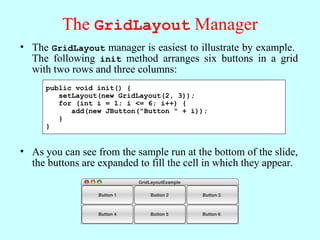 The GridLayout Manager
• The GridLayout manager is easiest to illustrate by example.
The following init method arranges six buttons in a grid
with two rows and three columns:
public void init() {
setLayout(new GridLayout(2, 3));
for (int i = 1; i <= 6; i++) {
add(new JButton("Button " + i));
}
}
• If you change the size of the program window, the buttons
adjust so that they continue to fill the space.
GridLayoutExample
Button 1 Button 2 Button 3
Button 4 Button 5 Button 6
GridLayoutExample
Button 1 Button 2 Button 3
Button 4 Button 5 Button 6
• As you can see from the sample run at the bottom of the slide,
the buttons are expanded to fill the cell in which they appear.
 