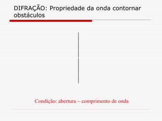 DIFRAÇÃO: Propriedade da onda contornar
obstáculos




      Condição: abertura ~ comprimento de onda
 