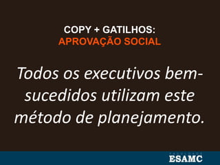 COPY + GATILHOS:
APROVAÇÃO SOCIAL
Todos os executivos bem-
sucedidos utilizam este
método de planejamento.
 