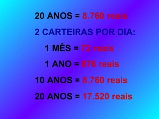 20 ANOS = 8.760 reais
2 CARTEIRAS POR DIA:
1 MÊS = 72 reais
1 ANO = 876 reais
10 ANOS = 8.760 reais
20 ANOS = 17.520 reais
 
