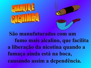 São manufaturados com um
fumo mais alcalino, que facilita
a liberação da nicotina quando a
fumaça ainda está na boca,
causando assim a dependência.
 