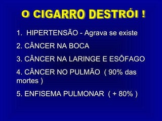 1. HIPERTENSÃO - Agrava se existe1. HIPERTENSÃO - Agrava se existe
2. CÂNCER NA BOCA2. CÂNCER NA BOCA
3. CÂNCER NA LARINGE E ESÔFAGO3. CÂNCER NA LARINGE E ESÔFAGO
4. CÂNCER NO PULMÃO ( 90% das4. CÂNCER NO PULMÃO ( 90% das
mortes )mortes )
5. ENFISEMA PULMONAR ( + 80% )5. ENFISEMA PULMONAR ( + 80% )
 
