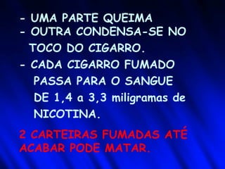 - UMA PARTE QUEIMA
- OUTRA CONDENSA-SE NO
TOCO DO CIGARRO.
- CADA CIGARRO FUMADO
PASSA PARA O SANGUE
DE 1,4 a 3,3 miligramas de
NICOTINA.
2 CARTEIRAS FUMADAS ATÉ
ACABAR PODE MATAR.
 