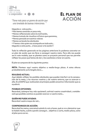 24

ejercicios

que te ayudan

a emprender
“Tiene más peso un gramo de acción que
una tonelada de buenas intenciones. “

EL PLAN DE
ACCIÓN

Llegados a este punto...
• Nos hemos conocido un poco más,
• Hemos reflexionado sobre la motivación,
• Hemos tratado de visualizar el futuro que queremos,
• Hemos pensado en nuestros valores
• Hemos sorteado los obstáculos
• Y hemos visto quien nos acompaña en todo esto...
Llegados a este punto... ¡¡ toca pasar a la acción !!
Toda la reflexión generada en las páginas anteriores la podemos concretar en
un plan de acción que nos lleve a conseguir nuestra meta. Para ello nos puede
servir este modelo, que se plantea como un proyecto personal que nos permite
reflejar los pasos que hemos de dar y las cuestiones a tener en cuenta.
El plan se compone de los siguientes puntos:
META: Plantear aquí vuestro objetivo a medio-largo plazo. A estas alturas
probablemente ya lo tengáis claro....
REALIDAD ACTUAL:
Aquí debéis reflejar los posibles obstáculos que pueden interferir en la consecución de la meta, y los recursos vuestros y de vuestro entorno, que os acercan a
ella. En el DAFO que realizasteis al principio podéis encontrar información que os
ayudará.
POSIBLES OPCIONES:
Recordad, ¡¡siempre hay más opciones!!; activad vuestra creatividad y estableced que posibles caminos os pueden acercar a vuestra meta...
QUIÉN ME PUEDE AYUDAR:
Recordad vuestro mapa de red...
COMPROMISOS DE ACCIÓN:
Recordad las metas, concretad cuándo lo vais a hacer, qué os va a demostrar que
lo habéis hecho, cuánto queréis conseguir... objetivos a corto, medio plazo, como
el plan para correr.

50

 