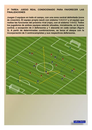3ª TAREA: JUEGO REAL CONDICIONADO PARA FAVORECER LAS
FINALIZACIONES
Juegan 2 equipos en todo el campo, con una zona central delimitada (zona
de creación). El equipo propio (azul) con sistema 1:4:2:3:1 y el equipo quede creación). El equipo propio (azul) con sistema 1:4:2:3:1 y el equipo que
realiza las funciones del próximo rival (rojo), con el sistema 1:4:4:2. Todos
los jugadores de ambos equipos estarán situados, inicialmente, en la zona
central, a excepción de 2 defensores y 1 atacante en cada campo (figura
3). A partir de determinadas combinaciones, se lanza el ataque con la
incorporación de 3 centrocampistas y sus respectivos defensores.
 