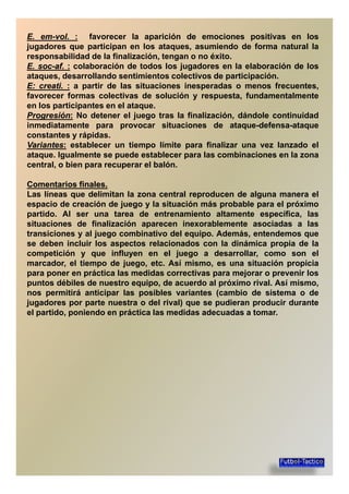 EE.. emem--volvol.. :: favorecer la aparición de emociones positivas en los
jugadores que participan en los ataques, asumiendo de forma natural la
responsabilidad de la finalización, tengan o no éxito.
EE.. socsoc--afaf.. :: colaboración de todos los jugadores en la elaboración de los
ataques, desarrollando sentimientos colectivos de participación.ataques, desarrollando sentimientos colectivos de participación.
EE:: creaticreati.. :: a partir de las situaciones inesperadas o menos frecuentes,
favorecer formas colectivas de solución y respuesta, fundamentalmente
en los participantes en el ataque.
ProgresiónProgresión:: No detener el juego tras la finalización, dándole continuidad
inmediatamente para provocar situaciones de ataque-defensa-ataque
constantes y rápidas.constantes y rápidas.
VariantesVariantes:: establecer un tiempo límite para finalizar una vez lanzado el
ataque. Igualmente se puede establecer para las combinaciones en la zona
central, o bien para recuperar el balón.
ComentariosComentarios finalesfinales..
Las líneas que delimitan la zona central reproducen de alguna manera elLas líneas que delimitan la zona central reproducen de alguna manera el
espacio de creación de juego y la situación más probable para el próximo
partido. Al ser una tarea de entrenamiento altamente específica, las
situaciones de finalización aparecen inexorablemente asociadas a las
transiciones y al juego combinativo del equipo. Además, entendemos que
se deben incluir los aspectos relacionados con la dinámica propia de lase deben incluir los aspectos relacionados con la dinámica propia de la
competición y que influyen en el juego a desarrollar, como son el
marcador, el tiempo de juego, etc. Así mismo, es una situación propicia
para poner en práctica las medidas correctivas para mejorar o prevenir los
puntos débiles de nuestro equipo, de acuerdo al próximo rival. Así mismo,
nos permitirá anticipar las posibles variantes (cambio de sistema o de
jugadores por parte nuestra o del rival) que se pudieran producir durantejugadores por parte nuestra o del rival) que se pudieran producir durante
el partido, poniendo en práctica las medidas adecuadas a tomar.
 