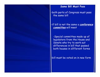 Same Bill Must Pass

-both parts of Congress must pass
  the same bill


-if bill is not the same a conference
  committee will meet


  -Special committee made up of
  legislators from the House and
  Senate who try to work out
  differences in bill that passed
  both houses in different forms


-bill must be voted on in new form
 