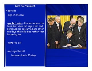 Sent to President

-4 options
 -sign it into law


 -pocket veto-- Process where the
 President does not sign a bill and
 Congress has adjourned and after
 ten days the bills dies rather than
 becoming law


 -veto the bill


 -not sign the bill
     becomes law in 10 days
 