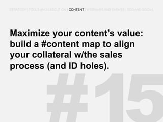 Maximize your content’s value: build a #content map to align your collateral w/the sales process (and ID holes). 
STRATEGY | TOOLS AND EXECUTION | CONTENT | WEBINARS AND EVENTS | SEO AND SOCIAL  