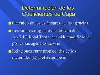 Determinación de los  Coeficientes de Capa Obtenido de los estándares de las agencias Los valores originales se derivan del AASHO Road Test y han sido modificados por varias agencias de vías Relaciones entre propiedades de los materiales (E) y el desempeño 