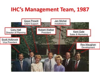 IHC’s Management Team, 1987 Scott Holbrook Vice President Cory Hall Director of Planning Gaye Prewitt Client Support Robert Walker President Jan Michel Installations Kent Gale Sales & Marketing Rex Maughan Development 