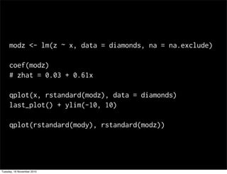modz <- lm(z ~ x, data = diamonds, na = na.exclude)
coef(modz)
# zhat = 0.03 + 0.61x
qplot(x, rstandard(modz), data = diamonds)
last_plot() + ylim(-10, 10)
qplot(rstandard(mody), rstandard(modz))
Tuesday, 16 November 2010
 