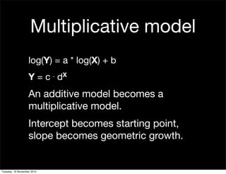 log(Y) = a * log(X) + b
Y = c . dX
An additive model becomes a
multiplicative model.
Intercept becomes starting point,
slope becomes geometric growth.
Multiplicative model
Tuesday, 16 November 2010
 