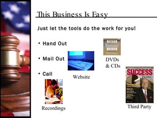 This Business Is Easy Just let the tools do the work for you!  Hand Out Mail Out Call DVDs& CDs Recordings Website Third Party 