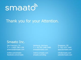 Thank you for your Attention.



       Smaato Inc.
       San Francisco, CA Inc.
         Smaato                                                                Hamburg, Germany                                                    Singapore, SG
       T: + 1 (650) 286-1198                                                   T: + 49 (40) 3480 9490                                              T: +65 3157 1444
          San Francisco, CA
        americas@smaato.com                                                      Hamburg, Germany
                                                                               emea@smaato.com                                                       Singapore, SG
                                                                                                                                                   apac@smaato.com
          T: + 1 (650) 286-1198                                                  T: + 49 (40) 3480 9490                                              T: +65 3157 1444
        twitter.com/smaato
          americas@smaato.com                                                  metrics.smaato.com
                                                                                 emea@smaato.com                                                   info@smaato.com
                                                                                                                                                     apac@smaato.com
        facebook.com/smaato                                                    smaato.com/blog                                                     sales@smaato.com
          twitter.com/smaato                                                     metrics.smaato.com                                                  info@smaato.com
          facebook.com/smaato                                                    smaato.com/blog                                                     sales@smaato.com

Copyright © 2012 Smaato Inc. All Rights Reserved Smaato® is a registered trademark of Smaato Inc. | The names of actual companies and products mentioned here may be the trademarks of their respective owners.
 