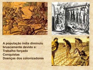 A população índia diminuiu
bruscamente devido a:
Trabalho forçado
Conquistas
Doenças dos colonizadores
 