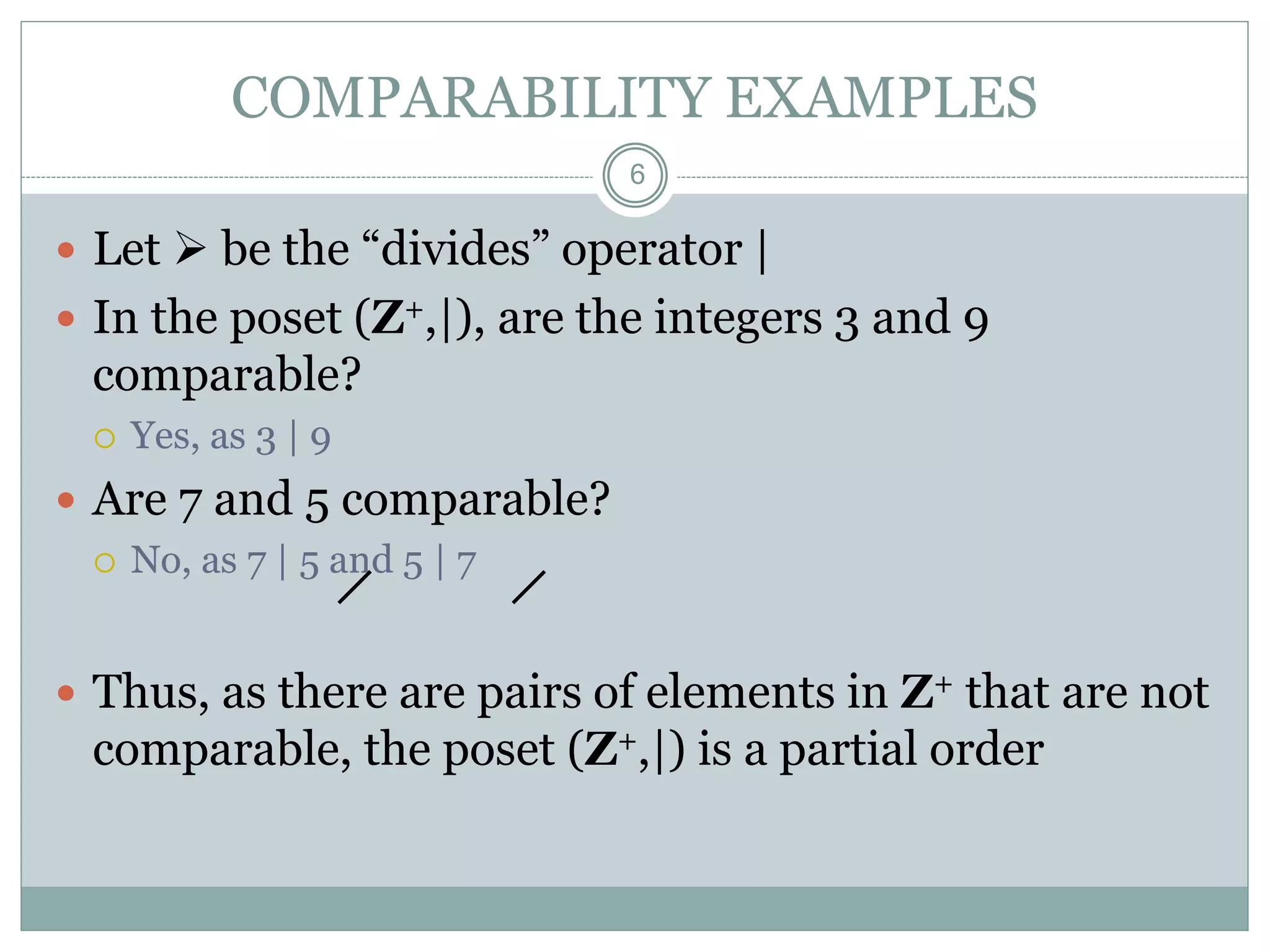 COMPARABILITY EXAMPLES
6
 Let  be the “divides” operator |
 In the poset (Z+,|), are the integers 3 and 9
comparable?
 Yes, as 3 | 9
 Are 7 and 5 comparable?
 No, as 7 | 5 and 5 | 7
 Thus, as there are pairs of elements in Z+ that are not
comparable, the poset (Z+,|) is a partial order
 
