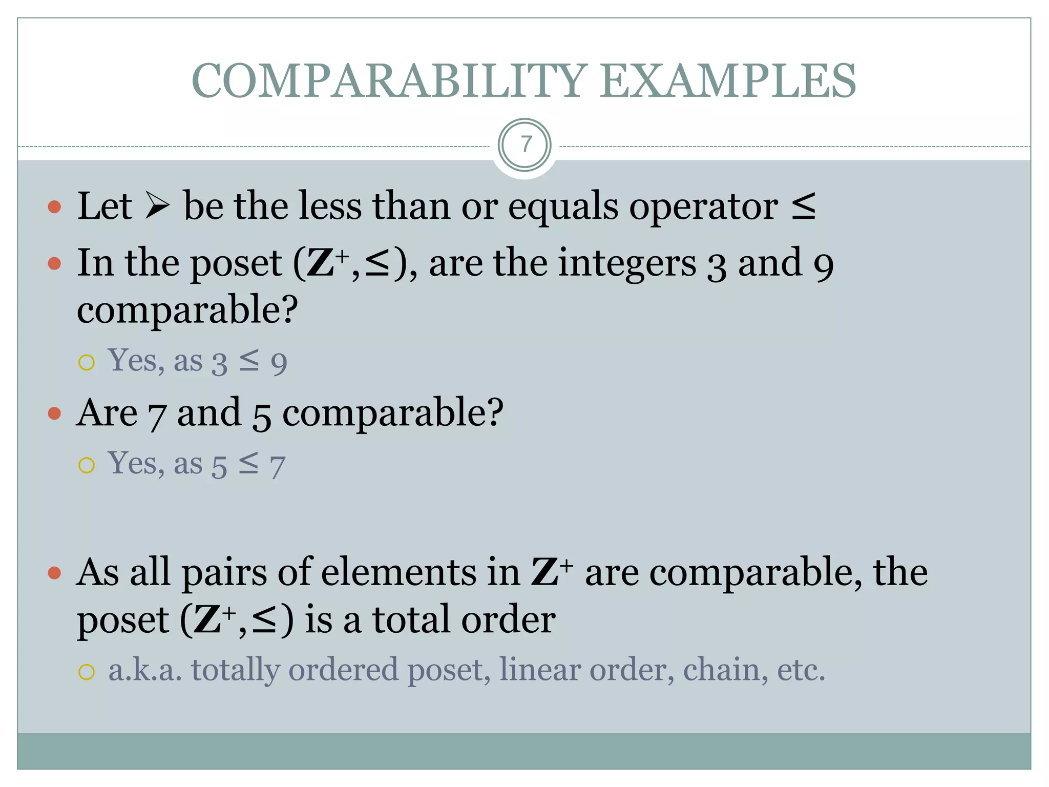 COMPARABILITY EXAMPLES
7
 Let  be the less than or equals operator ≤
 In the poset (Z+,≤), are the integers 3 and 9
comparable?
 Yes, as 3 ≤ 9
 Are 7 and 5 comparable?
 Yes, as 5 ≤ 7
 As all pairs of elements in Z+ are comparable, the
poset (Z+,≤) is a total order
 a.k.a. totally ordered poset, linear order, chain, etc.
 