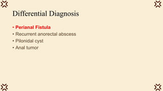 Differential Diagnosis
• Perianal Fistula
• Recurrent anorectal abscess
• Pilonidal cyst
• Anal tumor
 