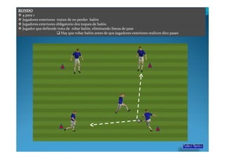 RONDO
  4 para 1
  Jugadores exteriores tratan de no perder balón
  Jugadores exteriores obligatorio dos toques de balón
  Jugador que defiende trata de robar balón, eliminando líneas de pase
                          Hay que robar balón antes de que jugadores exteriores realicen diez pases
 