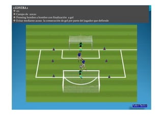 1 CONTRA 1
   1x1
   Campo de 20x20
   Pressing hombre a hombre con finalización a gol
   Evitar mediante acoso la consecución de gol por parte del jugador que defiende
 