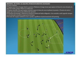 PRESSING DE TODO EL EQUIPO//POSICIONAMIENTO AVANZADO
   10x10+1 portero
   Equipo azul inicia el juego desde su portero//Mediante el juego tienen que superar la línea de conos situada a la
altura de medio campo//Pasar en conducción
   Equipo amarillo evita que equipo contrario supere la línea de conos mediante la presión //Presión de todo el
equipo que inicia la línea más adelantada (puntas)
   Premisas de pressing// Delanteros orientan la salida del balón obligando a los centrales a salir jugando siempre
con los laterales evitando la superación de líneas
   El resto de l equipo mediante acoso y ayudas, equilibran el posicionamiento del pressing
 