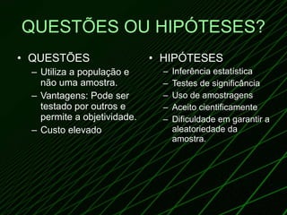 QUESTÕES OU HIPÓTESES? QUESTÕES Utiliza a população e não uma amostra. Vantagens: Pode ser testado por outros e permite a objetividade. Custo elevado HIPÓTESES Inferência estatística Testes de significância Uso de amostragens Aceito cientificamente Dificuldade em garantir a aleatoriedade da amostra. 