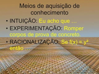 Meios de aquisição de conhecimento INTUIÇÃO:  Eu acho que … EXPERIMENTAÇÃO:  Romper corpos de prova de concreto. RACIONALIZAÇÃO:  Se f(x) = y² então … 