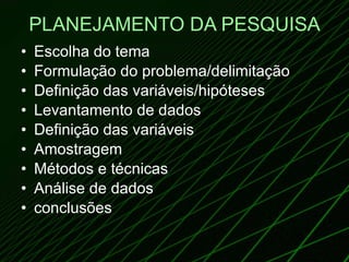 PLANEJAMENTO DA PESQUISA Escolha do tema Formulação do problema/delimitação Definição das variáveis/hipóteses Levantamento de dados Definição das variáveis Amostragem Métodos e técnicas Análise de dados conclusões 