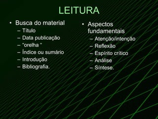 LEITURA Busca do material Título Data publicação “ orelha “ Índice ou sumário Introdução Bibliografia. Aspectos fundamentais Atenção/intenção Reflexão Espírito crítico Análise Síntese. 