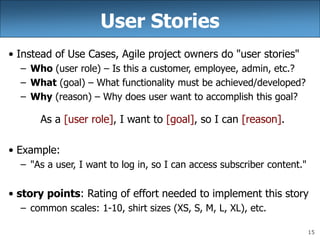 15
User Stories
• Instead of Use Cases, Agile project owners do "user stories"
– Who (user role) – Is this a customer, employee, admin, etc.?
– What (goal) – What functionality must be achieved/developed?
– Why (reason) – Why does user want to accomplish this goal?
As a [user role], I want to [goal], so I can [reason].
• Example:
– "As a user, I want to log in, so I can access subscriber content."
• story points: Rating of effort needed to implement this story
– common scales: 1-10, shirt sizes (XS, S, M, L, XL), etc.
 