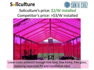 S liculture
        Soliculture’s price: $2/W installed
       Competitor’s price: >$3/W installed




Lower costs achieve...
