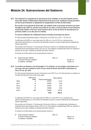 Módulo 24: Subvenciones del Gobierno

Ej 31 Para fomentar la expansión de las operaciones de las entidades en una determinada zona de
      desarrollo, donde es difícil obtener financiación de los proyectos, el gobierno otorga préstamos
      sin interés para financiar la adquisición de equipamiento con fines de fabricación.
       De acuerdo con el esquema de desarrollo, una entidad recibe un préstamo sin interés por parte
       del gobierno por 500 u.m. durante un periodo de tres años. La tasa de interés de mercado para
       un préstamo similar es del 5 por ciento anual (es decir, la tasa de interés de mercado para un
       préstamo similar a tres años para la entidad).
       No existen condiciones de rendimiento futuras asociadas al préstamo sin interés.
       El valor presente del préstamo (pasivo financiero) es de 500 u.m./(1,05)3 = 431,92 u.m.
       La diferencia de 68,08 u.m. que surge entre las 500 u.m. y las 431,92 u.m. constituye una
       subvención del gobierno y se reconoce de inmediato ya que no existen condiciones de rendimiento
       futuras específicas.
       De acuerdo con la Sección 11 Instrumentos Financieros Básicos, la entidad mide el préstamo al
       momento del reconocimiento inicial a 431,92 u.m. Este importe ascenderá hasta 500 u.m. durante el
       término de tres años, mediante el método del interés efectivo.
       El asiento en el libro diario en el reconocimiento inicial es:

       Dr       Activo financiero: efectivo                            500 u.m.
                Cr Pasivo financiero: préstamo                                             431,92 u.m.
                Cr Ingresos: resultados                                                     68,08 u.m.


Ej 32 Los hechos son idénticos a los del ejemplo 31. No obstante, en este ejemplo, el préstamo no es
      sin cargo, sino que el gobierno cobra el 2 por ciento de interés anual sobre el préstamo (es
      decir, 10 u.m. por año).
       El valor presente del préstamo (pasivo financiero) es de 459,15 u.m. El valor presente se calcula a la
       tasa del mercado del 5 por ciento como sigue:
                                Efectivo por                           Valor presente
                                      pagar      Factor de descuento
            Plazo                         A                   (5%) B               AxB
            Año 1                        10                  0,9524                 9 52
            Año 2                        10                  0,9070                 9,07
            Año 3                        10                  0,8638                 8,64
            Año 3                       500                  0,8638               431,92
                                                               Total              459,15


       La diferencia de 40,85 u.m. que surge entre las 500 u.m. y las 459,15 u.m. constituye una
       subvención del gobierno y se reconoce de inmediato ya que no existen condiciones de rendimiento
       futuras específicas.
       De acuerdo con la Sección 11 Instrumentos Financieros Básicos, la entidad mide el préstamo al
       momento del reconocimiento inicial a 459,15 u.m. Este importe ascenderá hasta 500 u.m. durante el
       término de tres años, mediante el método del interés efectivo.
       El asiento en el libro diario en el reconocimiento inicial es:

       Dr       Activo financiero: efectivo                            500 u.m.
                Cr Pasivo financiero: préstamo                                             459,15 u.m.
                Cr Ingresos: resultados                                                     40,85 u.m.



Fundación IFRS: Material de formación sobre la NIIF para las PYMES (versión 2010-1)                             13
 