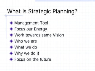 What is Strategic Planning?
  Management Tool
  Focus our Energy
  Work towards same Vision
  Who we are
  What we do
  Why we do it
  Focus on the future
 