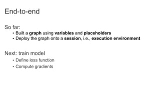 End-to-end
So far:
• Built a graph using variables and placeholders
• Deploy the graph onto a session, i.e., execution environment
Next: train model
• Define loss function
• Compute gradients
 