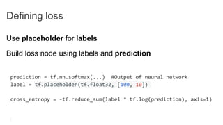 Defining loss
Use placeholder for labels
Build loss node using labels and prediction
prediction = tf.nn.softmax(...) #Output of neural network
label = tf.placeholder(tf.float32, [100, 10])
cross_entropy = -tf.reduce_sum(label * tf.log(prediction), axis=1)
 