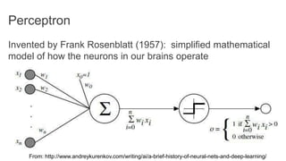 Perceptron
Invented by Frank Rosenblatt (1957): simplified mathematical
model of how the neurons in our brains operate
From: http://www.andreykurenkov.com/writing/ai/a-brief-history-of-neural-nets-and-deep-learning/
 