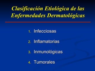 Clasificación Etiológica de las Enfermedades Dermatológicas Infecciosas Inflamatorias Inmunológicas Tumorales 
