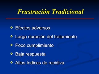 Frustración Tradicional Efectos adversos Larga duración del tratamiento Poco cumplimiento Baja respuesta Altos índices de recidiva 