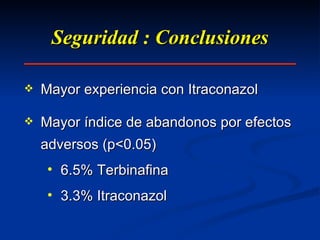 Seguridad : Conclusiones Mayor experiencia con Itraconazol Mayor índice de abandonos por efectos adversos (p<0.05) 6.5% Terbinafina 3.3% Itraconazol 