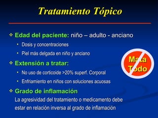 Tratamiento Tópico Edad del paciente:  niño – adulto - anciano Dosis y concentraciones Piel más delgada en niño y anciano Extensión a tratar: No uso de corticoide >20% superf. Corporal Enfriamiento en niños con soluciones acuosas Grado de inflamación La agresividad del tratamiento o medicamento debe  estar en relación inversa al grado de inflamación Mata Todo 