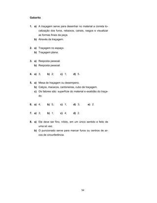 54
Gabarito
1. a) A traçagem serve para desenhar no material a correta lo-
calização dos furos, rebaixos, canais, rasgos e visualizar
as formas finais da peça.
b) Através da traçagem.
2. a) Traçagem no espaço.
b) Traçagem plana.
3. a) Resposta pessoal.
b) Resposta pessoal.
4. a) 3; b) 2; c) 1; d) 5.
5. a) Mesa de traçagem ou desempeno.
b) Calços, macacos, cantoneiras, cubo de traçagem.
c) Os fatores são: superfície do material e exatidão do traça-
do.
6. a) 4; b) 5; c) 1; d) 3; e) 2.
7. a) 3; b) 1; c) 4; d) 2.
8. a) Ele deve ser fino, nítido, em um único sentido e feito de
uma só vez.
b) O puncionado serve para marcar furos ou centros de ar-
cos de circunferência.
 