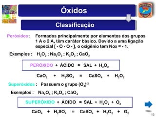 Óxidos
                        Classificação
Peróxidos :    Formados principalmente por elementos dos grupos
               1 A e 2 A, têm caráter básico. Devido a uma ligação
               especial [ - O - O - ], o oxigênio tem Nox = - 1.
 Exemplos :    H2O2 ; Na2O2 ; K2O2 ; CaO2

          PERÓXIDO + ÁCIDO = SAL + H2O2

               CaO2    +   H2SO4      =   CaSO4   +   H2 O 2
Superóxidos : Possuem o grupo (O4)-2
 Exemplos :     Na2O4 ; K2O4 ; CaO4

        SUPERÓXIDO + ÁCIDO = SAL + H2O2 + O2

              CaO4   + H2SO4    =     CaSO4 + H2O2     + O2
                                                                     13
 