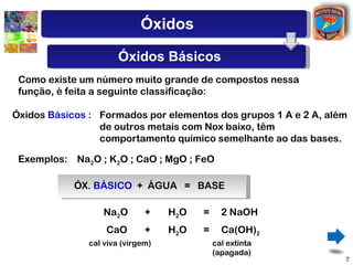 Óxidos

                       Óxidos Básicos
 Como existe um número muito grande de compostos nessa
 função, é feita a seguinte classificação:

Óxidos Básicos : Formados por elementos dos grupos 1 A e 2 A, além
                 de outros metais com Nox baixo, têm
                 comportamento químico semelhante ao das bases.

 Exemplos: Na2O ; K2O ; CaO ; MgO ; FeO

            ÓX. BÁSICO + ÁGUA = BASE

                   Na2O       +    H2 O   =     2 NaOH
                   CaO        +    H2 O   =     Ca(OH)2
               cal viva (virgem)              cal extinta
                                              (apagada)
                                                                 7
 